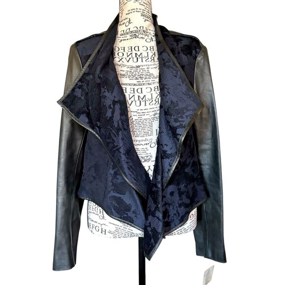 Vintage 90s Size S Black Leather Floral Embroidered Velvet Open Front Jacket - Picture 3 of 11